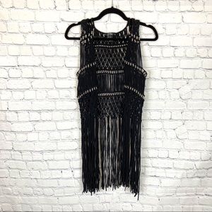 Umgee U.S.A Black Silver Beaded Fringe Boho Vest